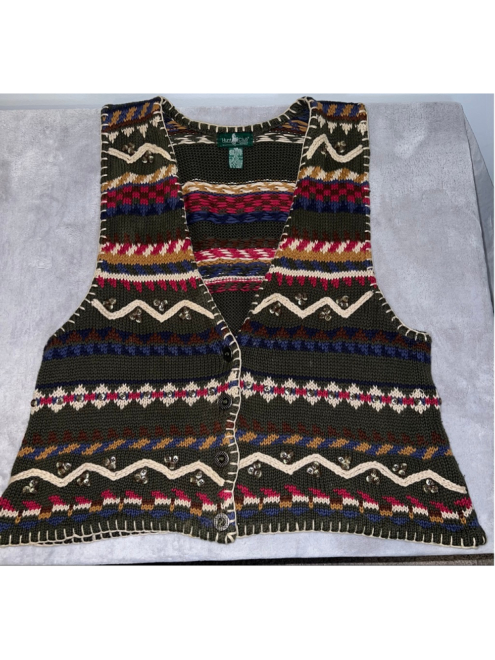 VTG Hunt Club Green Multi-color Fair Isle Knit Vest 18W